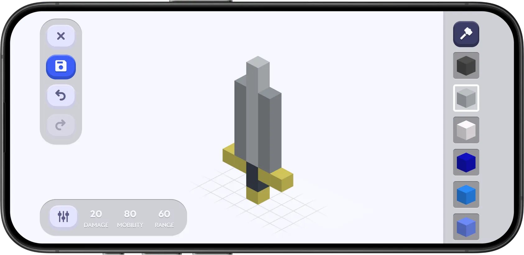 Chudo weapon builder showing a custom sword made from blocks, with color selection tools and weapon stats for damage, mobility, and range.