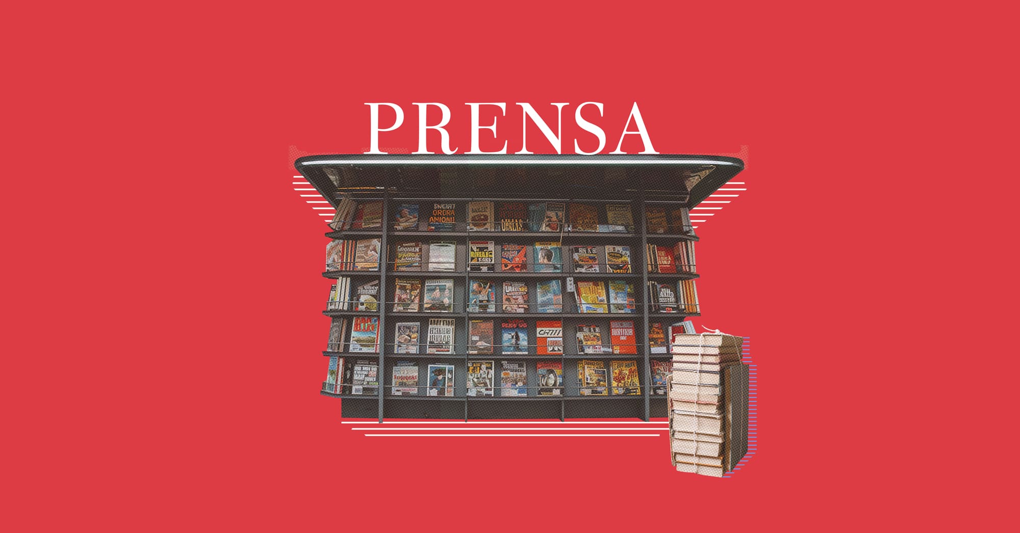 Quiosco de revistas con pilas de periódicos, fondo rojo.