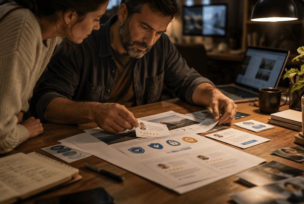Web designer placing printed testimonials and trust badges onto a paper website mockup