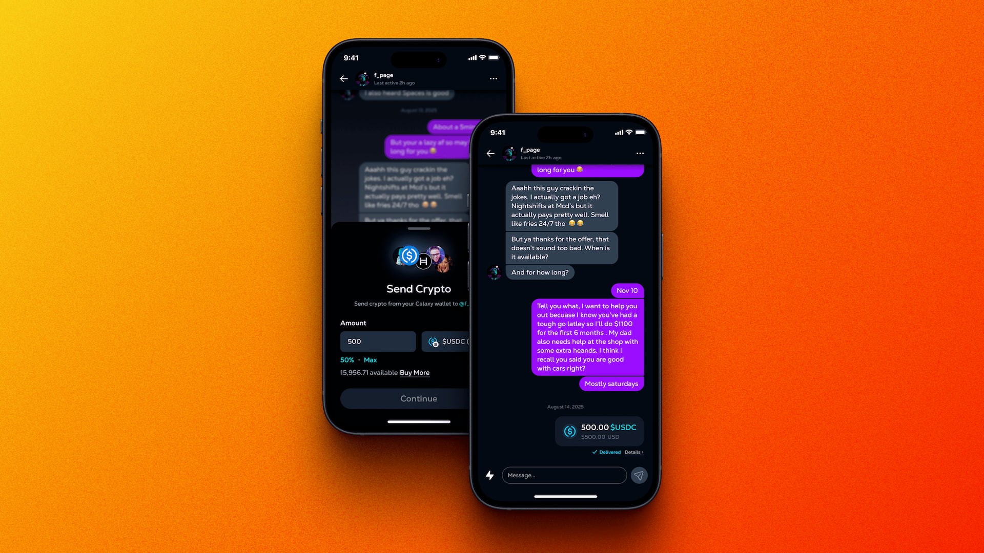 Send crypto flow inside a blockchain social messaging app, illustrating amount selection, token choice, and confirmation before transferring USDC to another user.