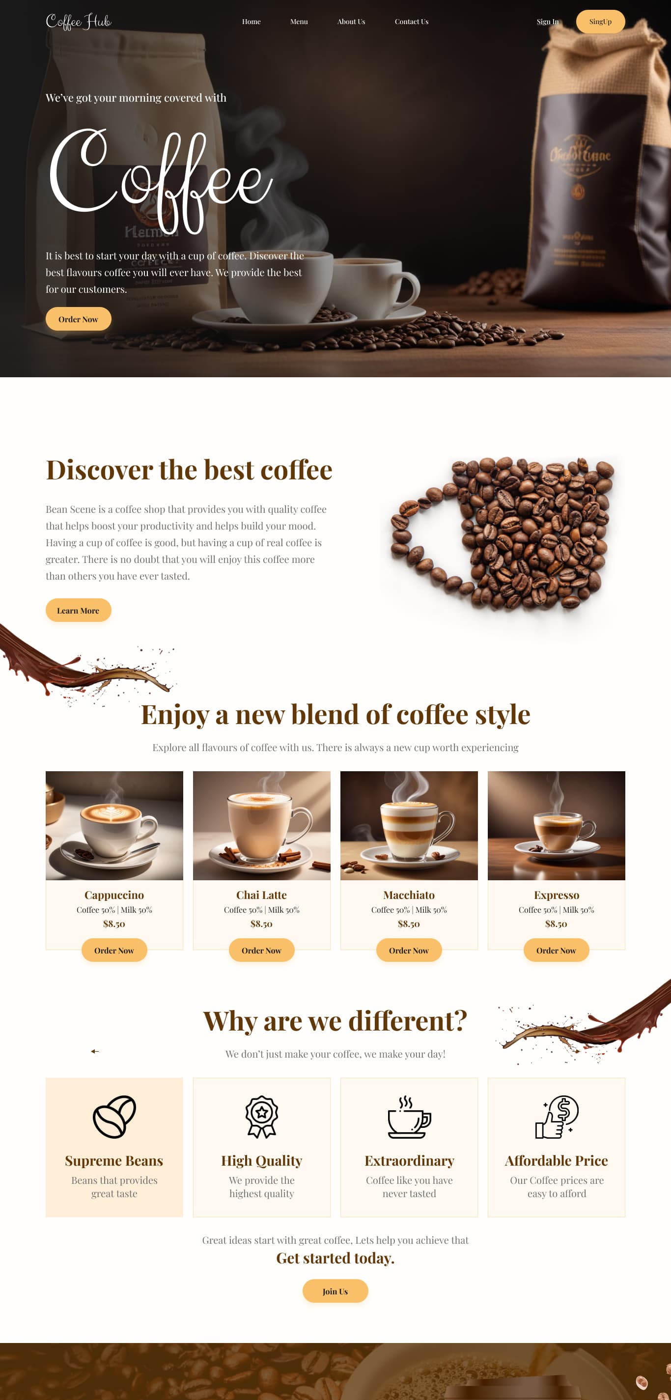 a website of a coffeeshop, on the website the prices of various beverages are listed