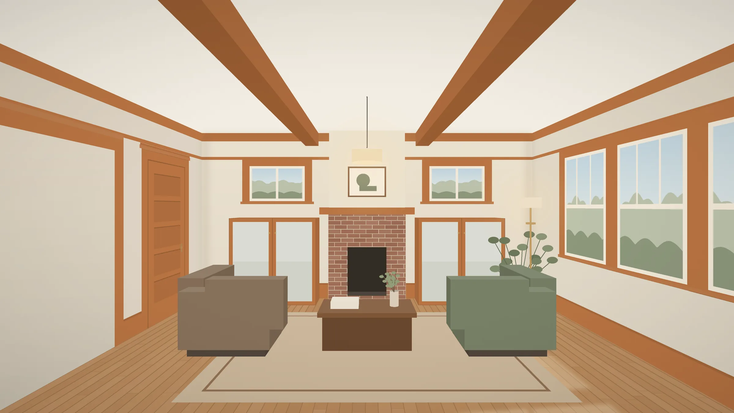 Bungalow living room with restored fir trim