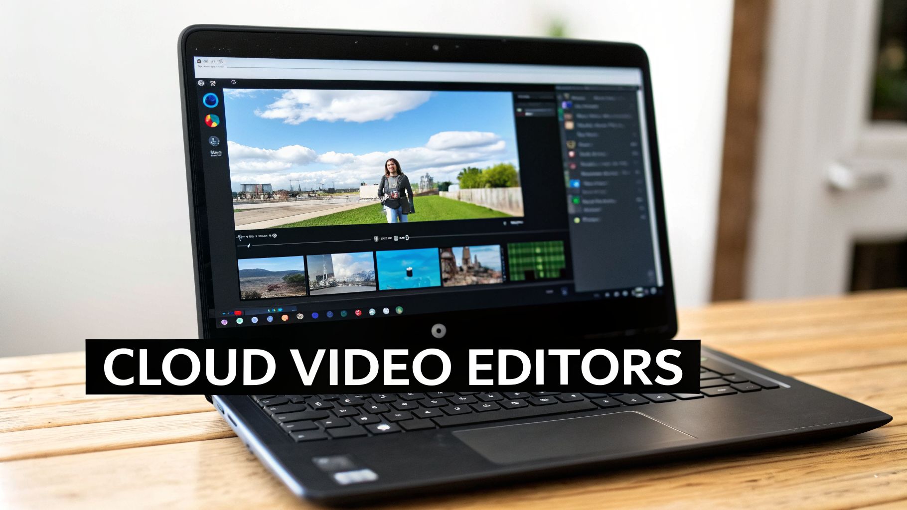 A black laptop displays a video editing interface with a woman in a video clip and several media thumbnails.