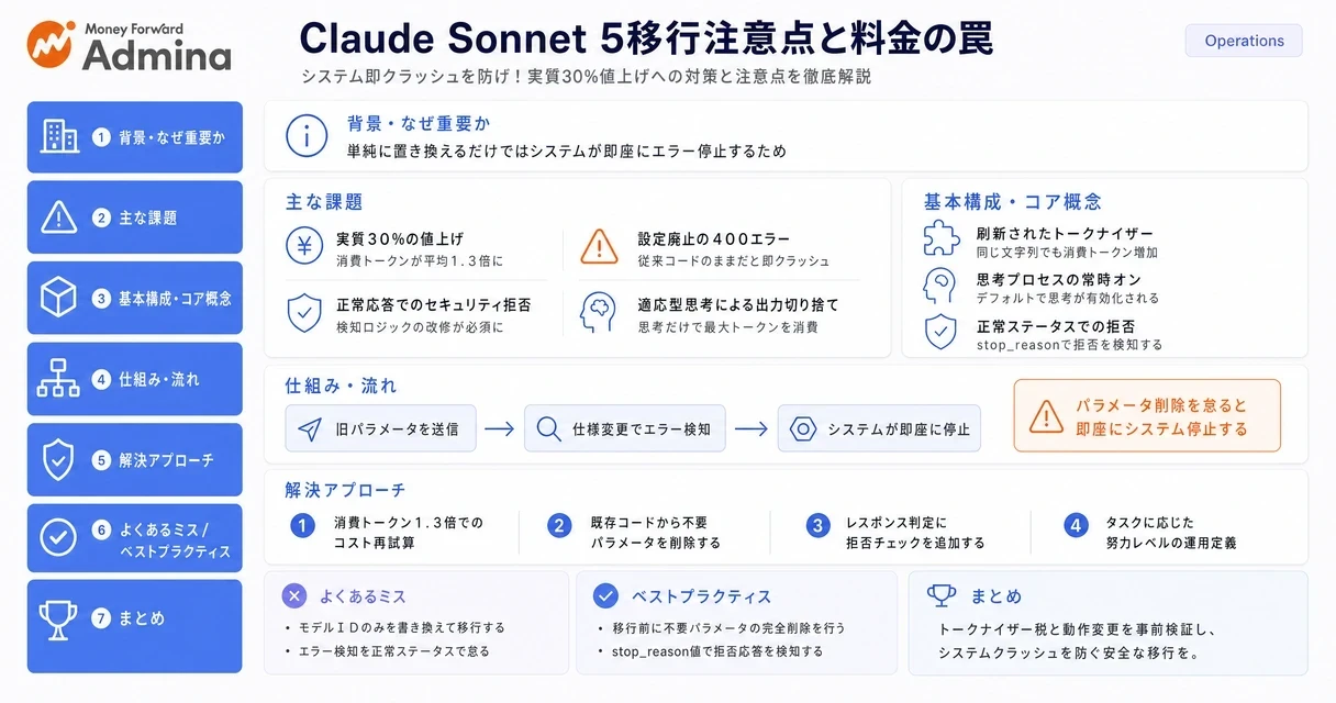 Claude Sonnet 5への移行における料金の落とし穴や仕様変更の注意点、および社内AIの利用状況を可視化・統制する重要性を解説するインフォグラフィック。