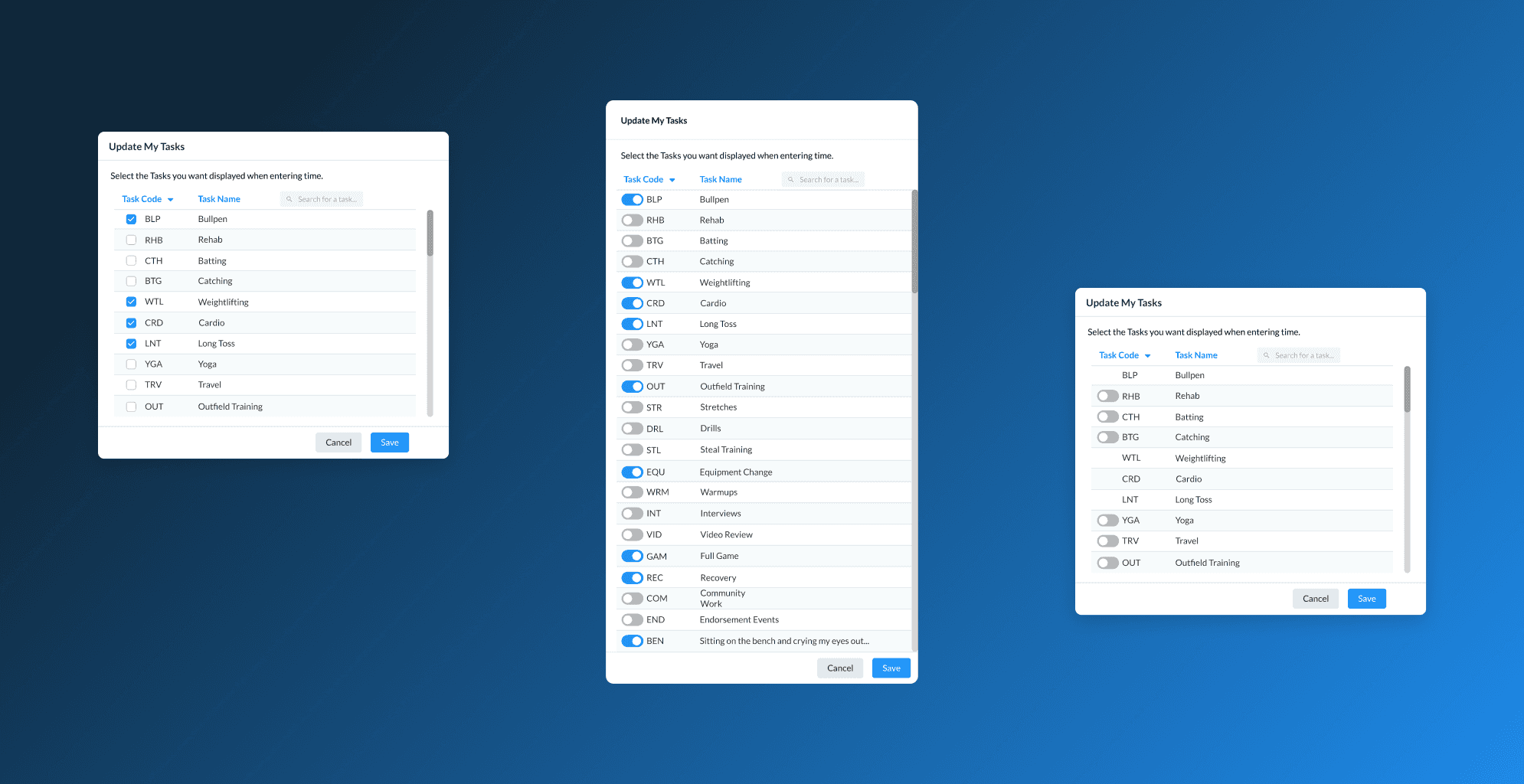An image of the different options I explored (checkboxes, toggle switches, modals vs panels).