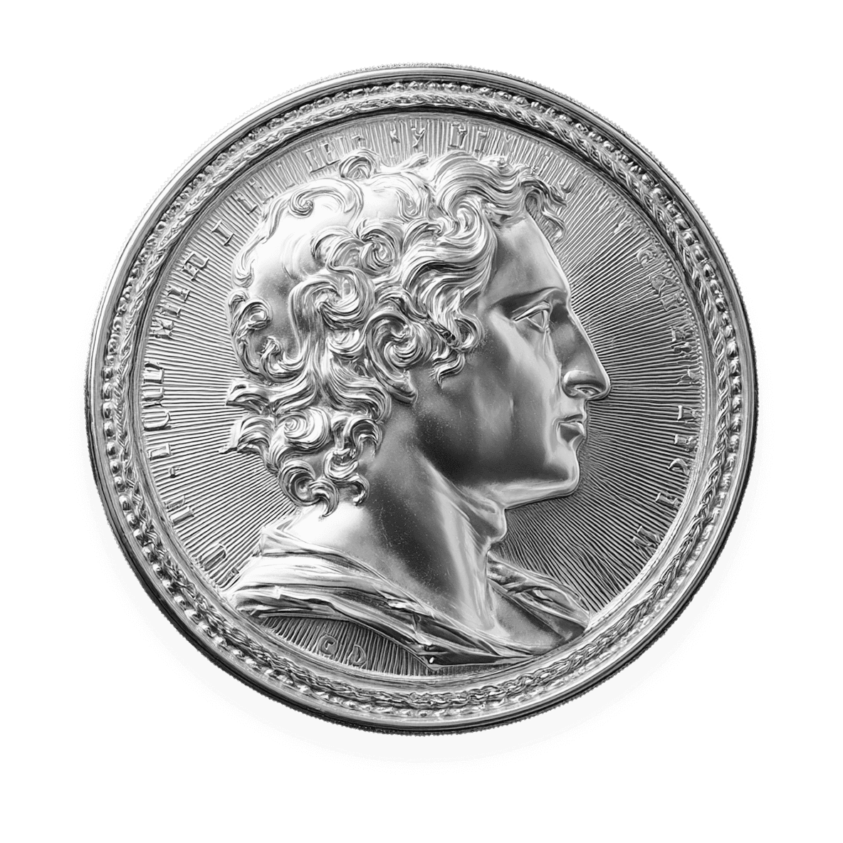 Silver coin with a leader’s profile engraving, representing the Focused Leadership strategy.