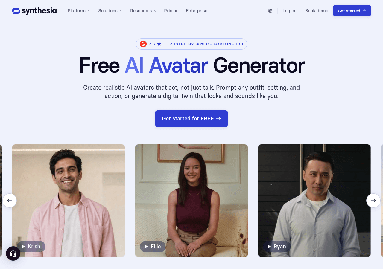 Synthesia's AI avatar creation interface showing avatar and voice selection