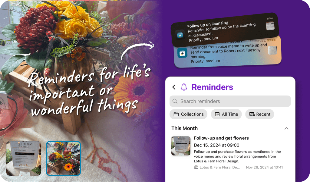 An example use showing reminders on screen for buying flowers, following up on licensing and talking to Robert. The headline is 'Reminders for life's important or wonderful things'.