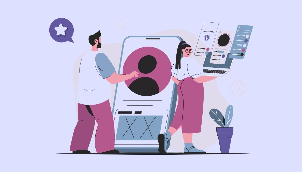 Illustration of two tech professionals interacting with mobile and laptop interfaces, surrounded by app screens, charts, and gear icons.