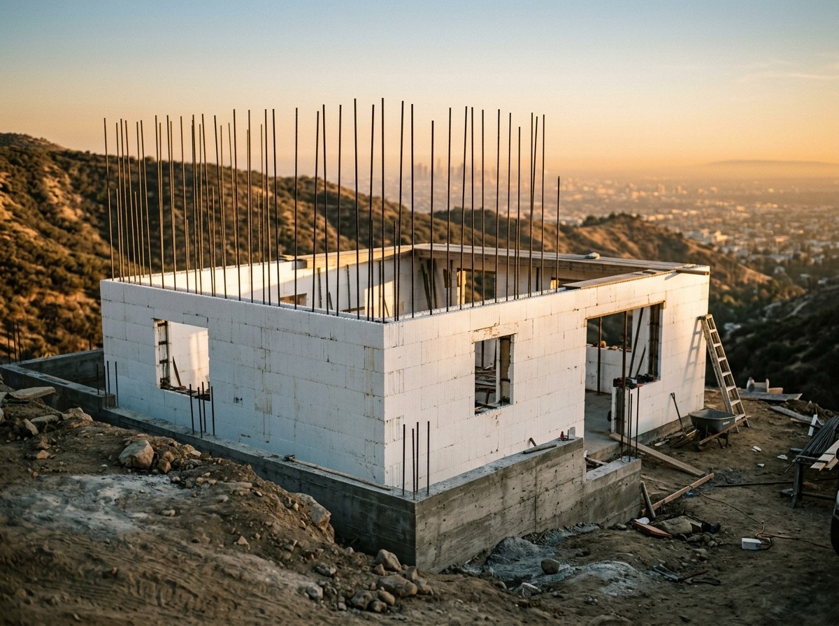 concrete rebar construction hillside Los Angeles dusk