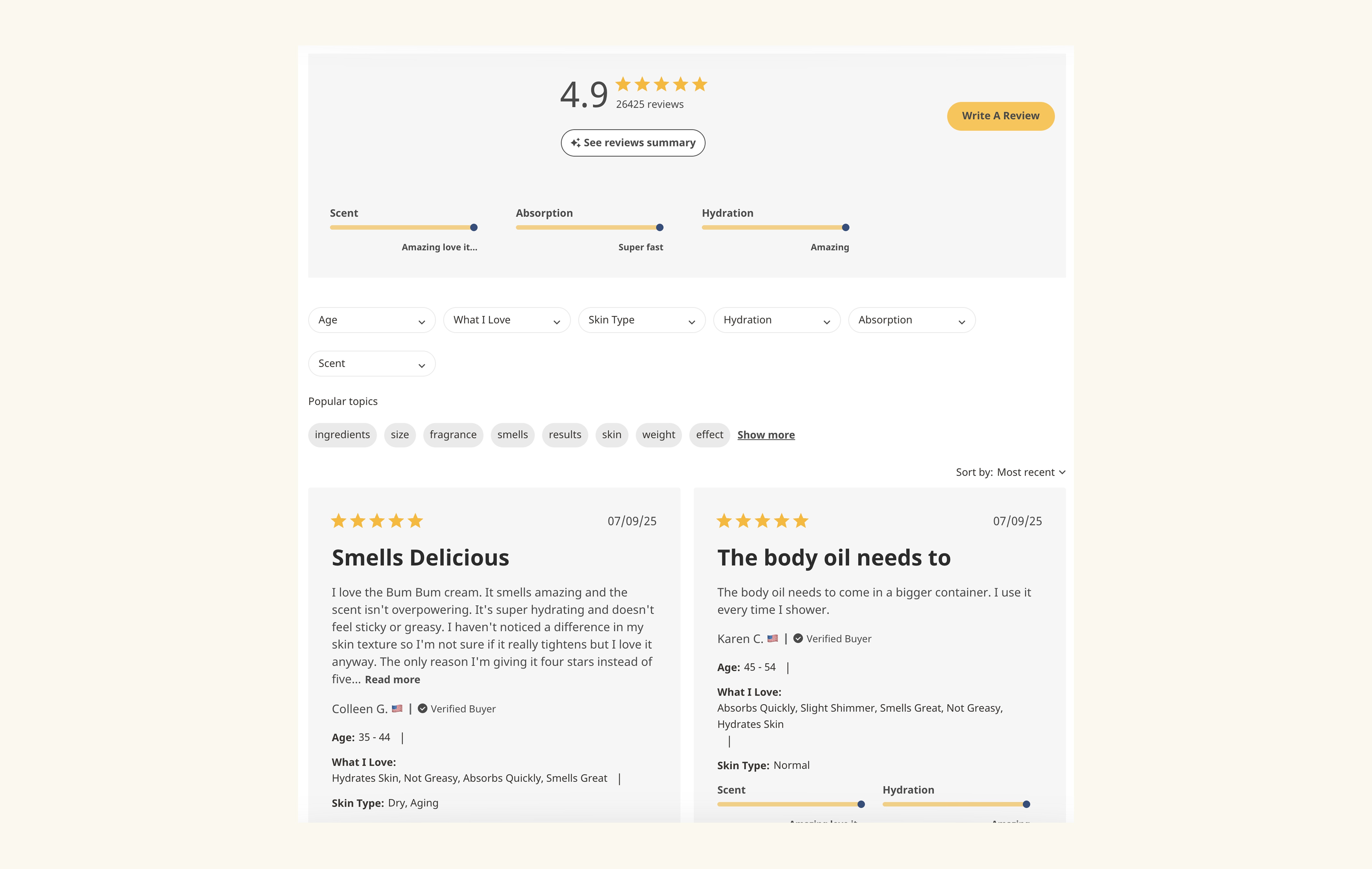 Review filter options: skin type, age, scent preference, and product usage