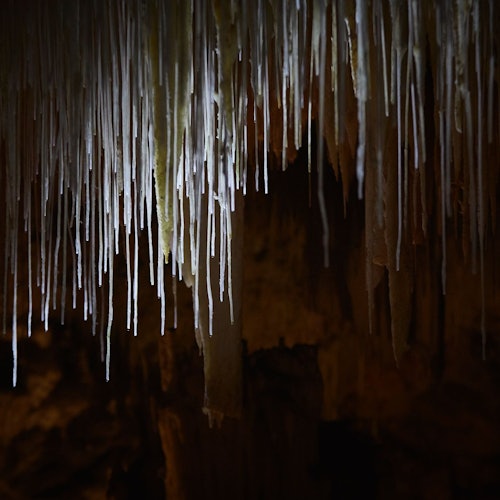 Nježni kristalni stalaktiti vise sa stropa špilje.