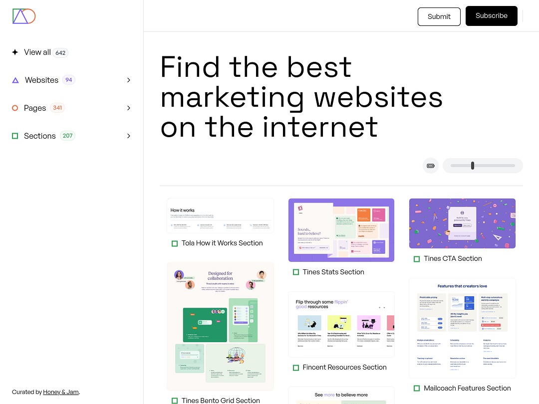 Directory of top marketing website designs and sections online.