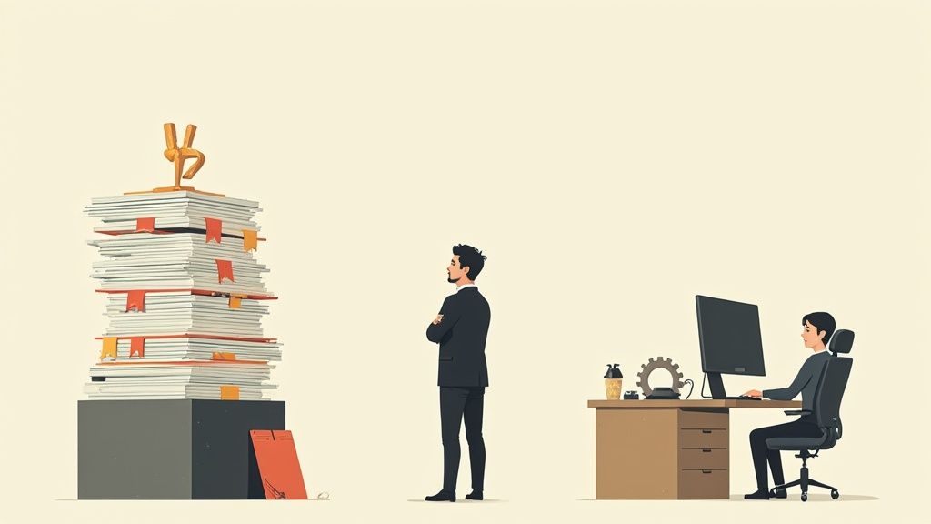 Engineers collaborating around a computer screen, discussing code.