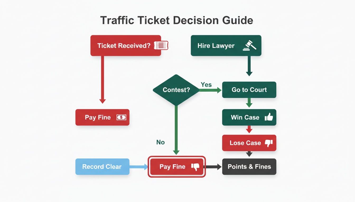 Flowchart guiding decisions for a traffic ticket, covering options like paying fine, contesting, hiring a lawyer, and outcomes.