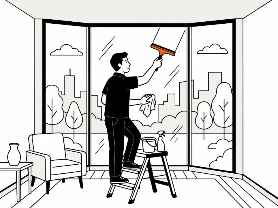 Agent de nettoyage Widy's sur un escabeau nettoyant une grande fenêtre avec une raclette devant un paysage urbain