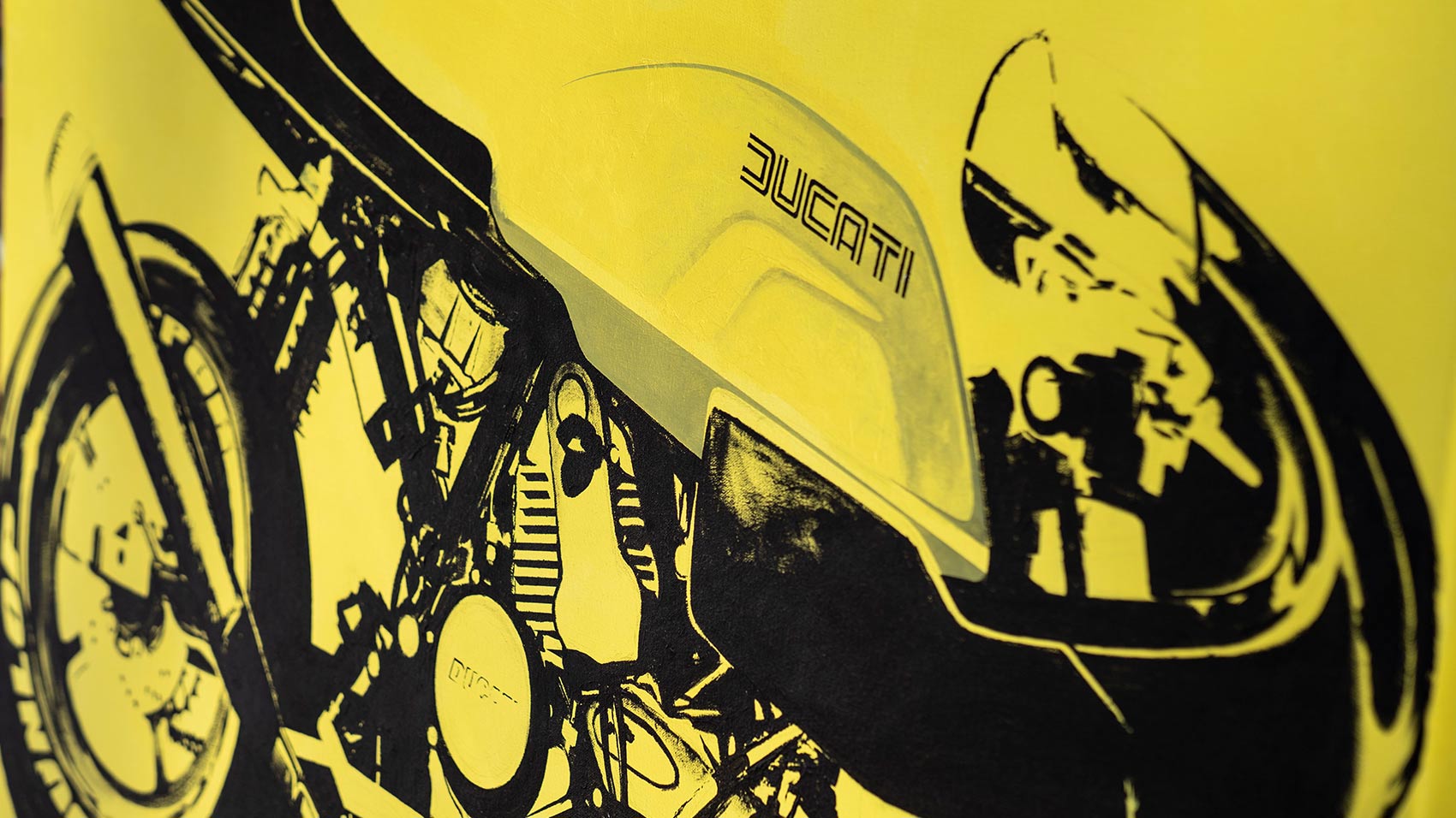 a tilted angle of the ducati painting highlighing a focal point of the piece