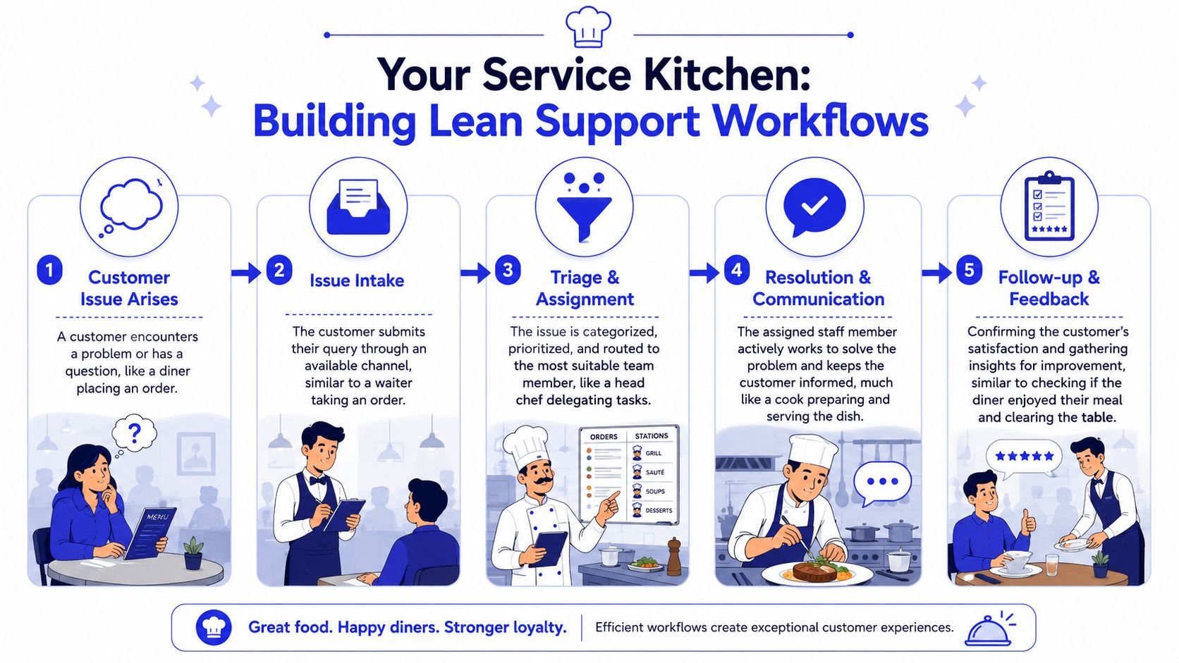 An infographic illustrating five steps for building lean customer service support workflows, using a restaurant kitchen metaphor.