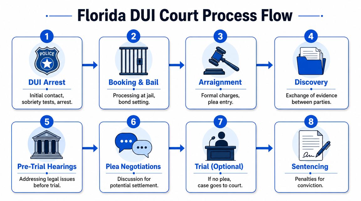 A diagram illustrating the eight steps of the Florida DUI court process from arrest through sentencing.