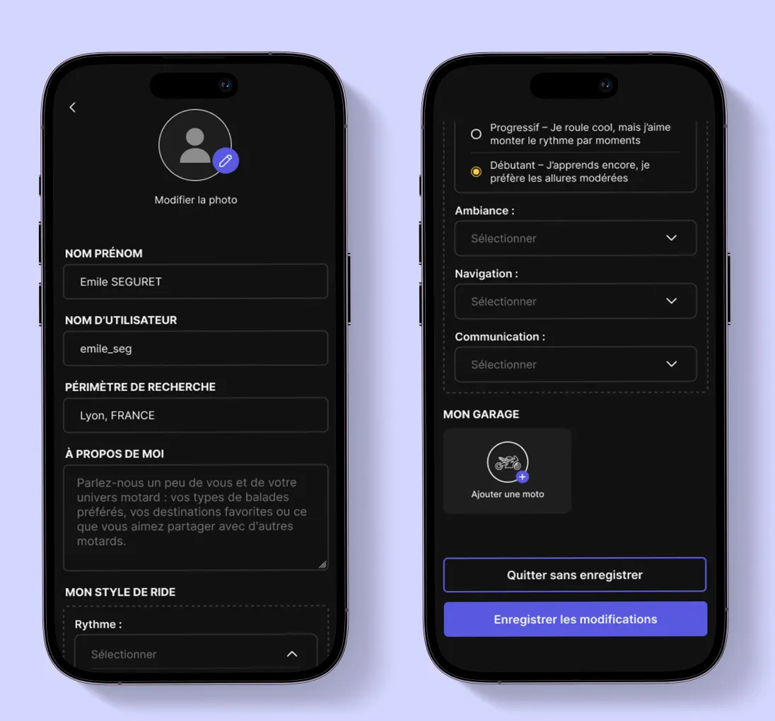 Écran de modification du profil utilisateur sur On Wheels avec informations personnelles et style de ride