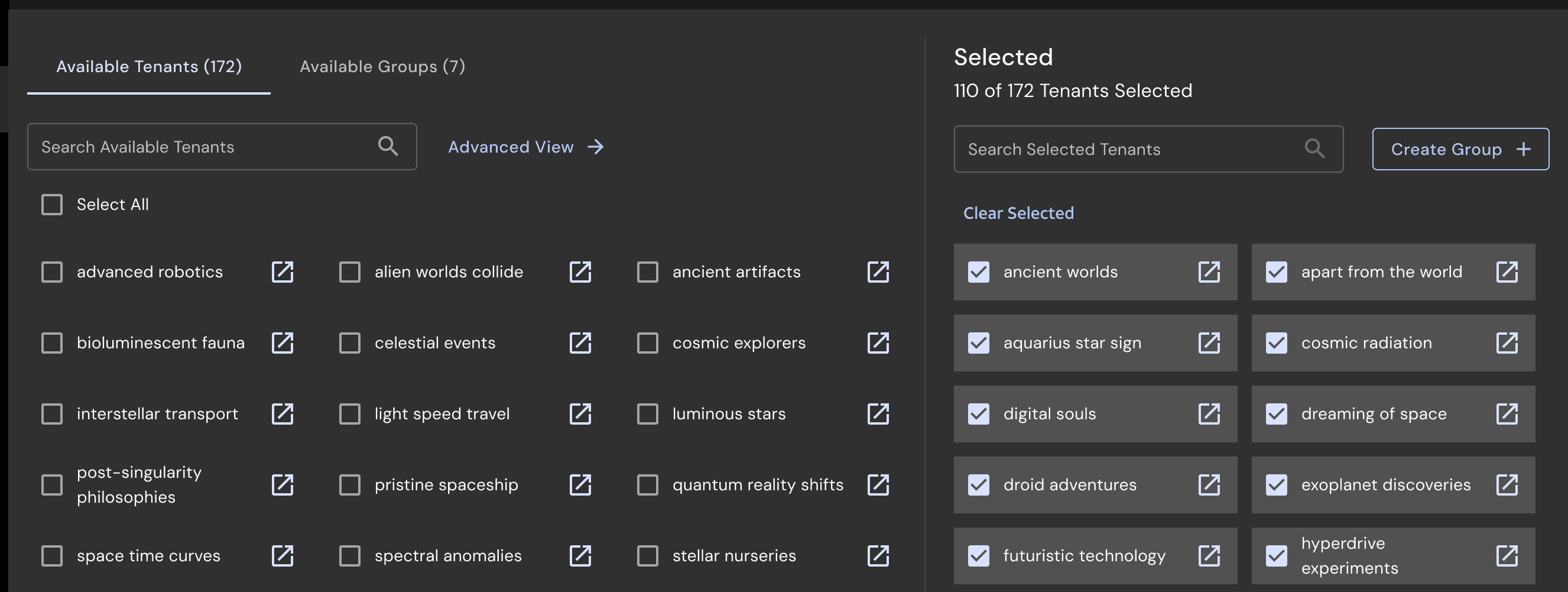 A section of the top of the Available and Selected Tenants.