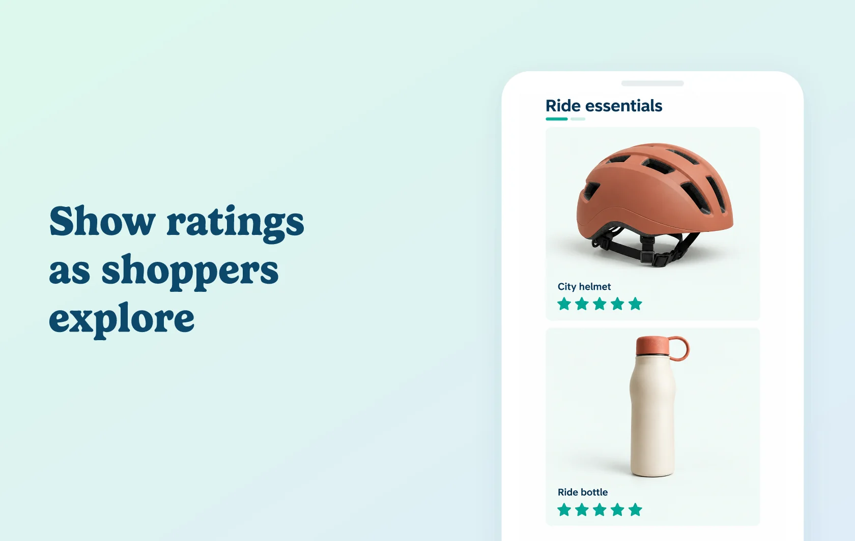 Judge.me and EComposer integration: illustration of a collection page with separate ratings on helmet and bottle product cards.