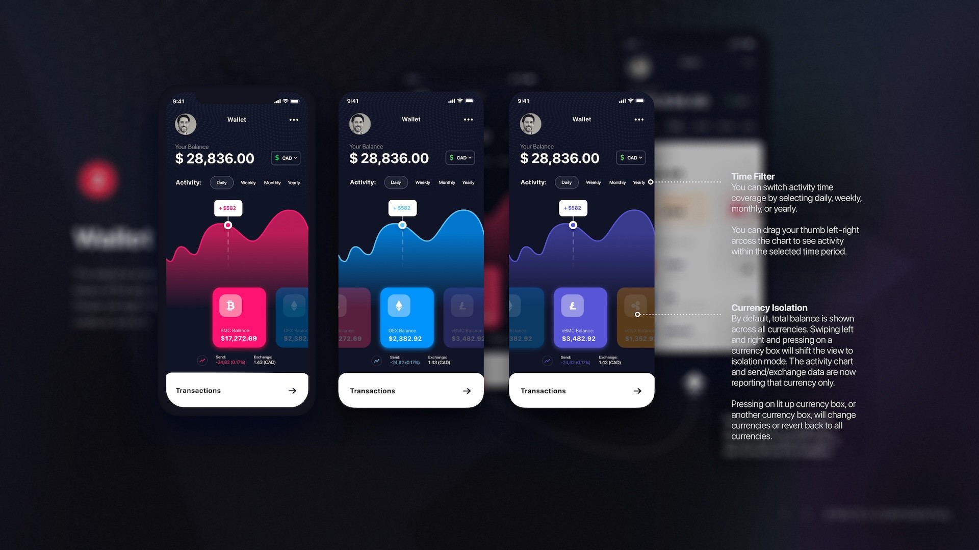 Three-screen wallet interface comparison for Block & Mortar app showing time filter functionality (daily, weekly, monthly, yearly views), currency isolation feature switching between Bitcoin, Ethereum, and Litecoin balances with corresponding activity charts