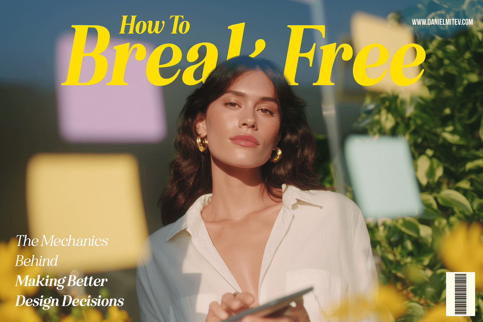 A confident woman with dark wavy hair and gold hoop earrings stands in front of a wall of colorful sticky notes and greenery. She holds a digital tablet and gazes into the camera with poise. Overlaid in bright yellow is the text “How To Break Free,” suggesting a sense of empowerment and clarity.