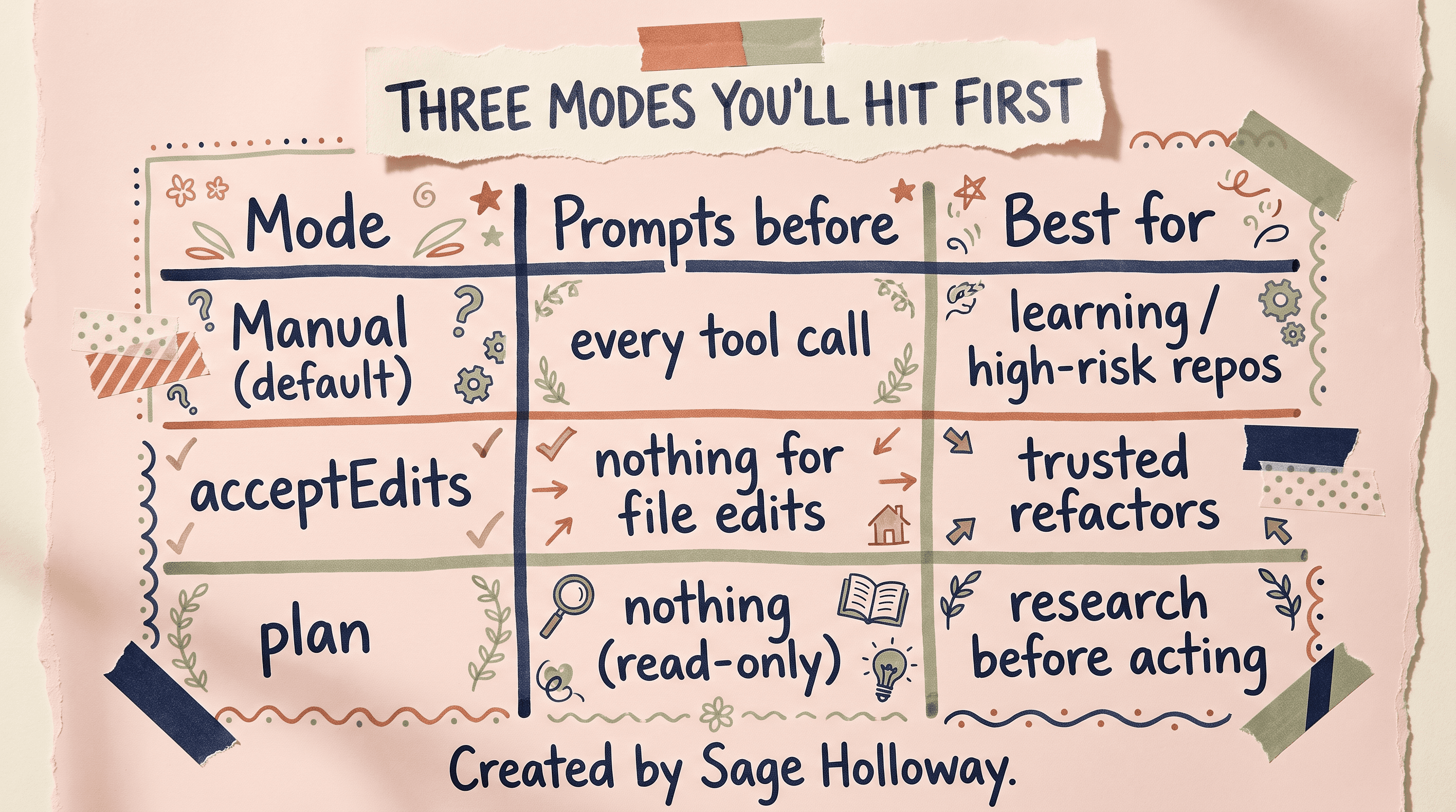 Table comparing Claude Code interactive permission modes: manual, acceptEdits, and plan
