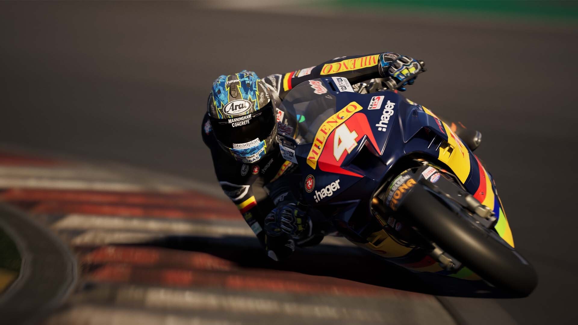 RIDE 6 course sur circuit – pilote professionnel penché à haute vitesse dans un virage serré, moto racing officielle, simulation moto ultra réaliste PC et keyverse Gaming