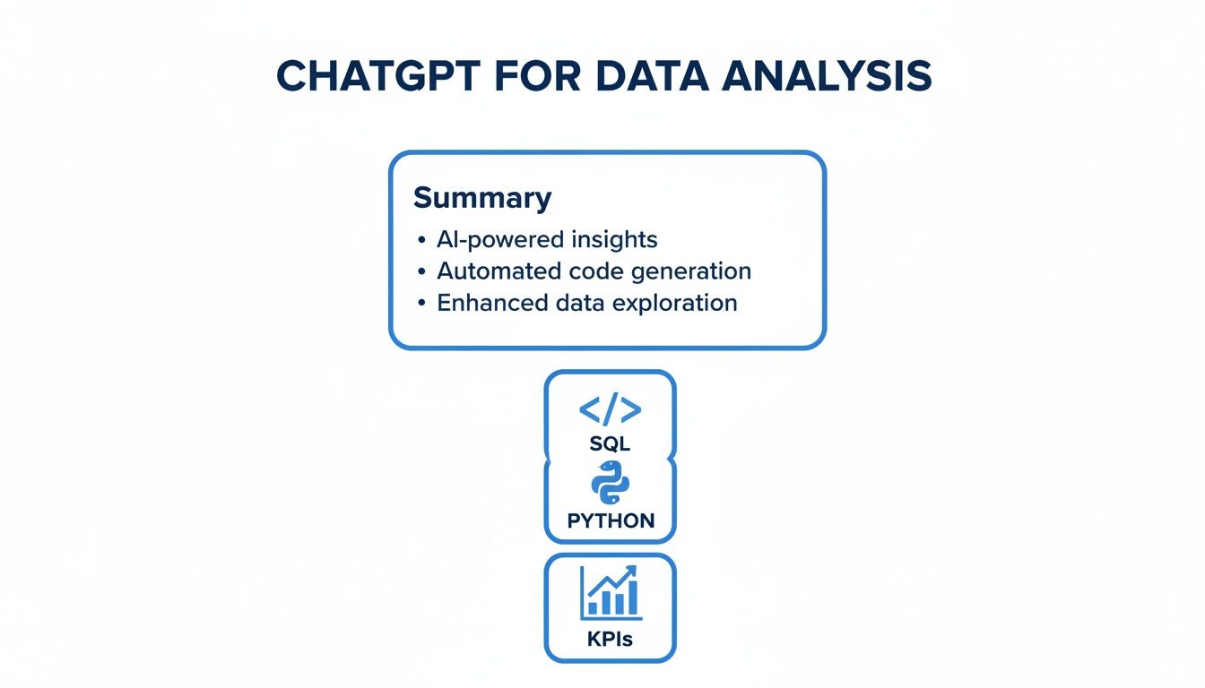 Diagram illustrating ChatGPT's role in data analysis, covering AI insights, automated code generation, SQL, Python, and KPIs.
