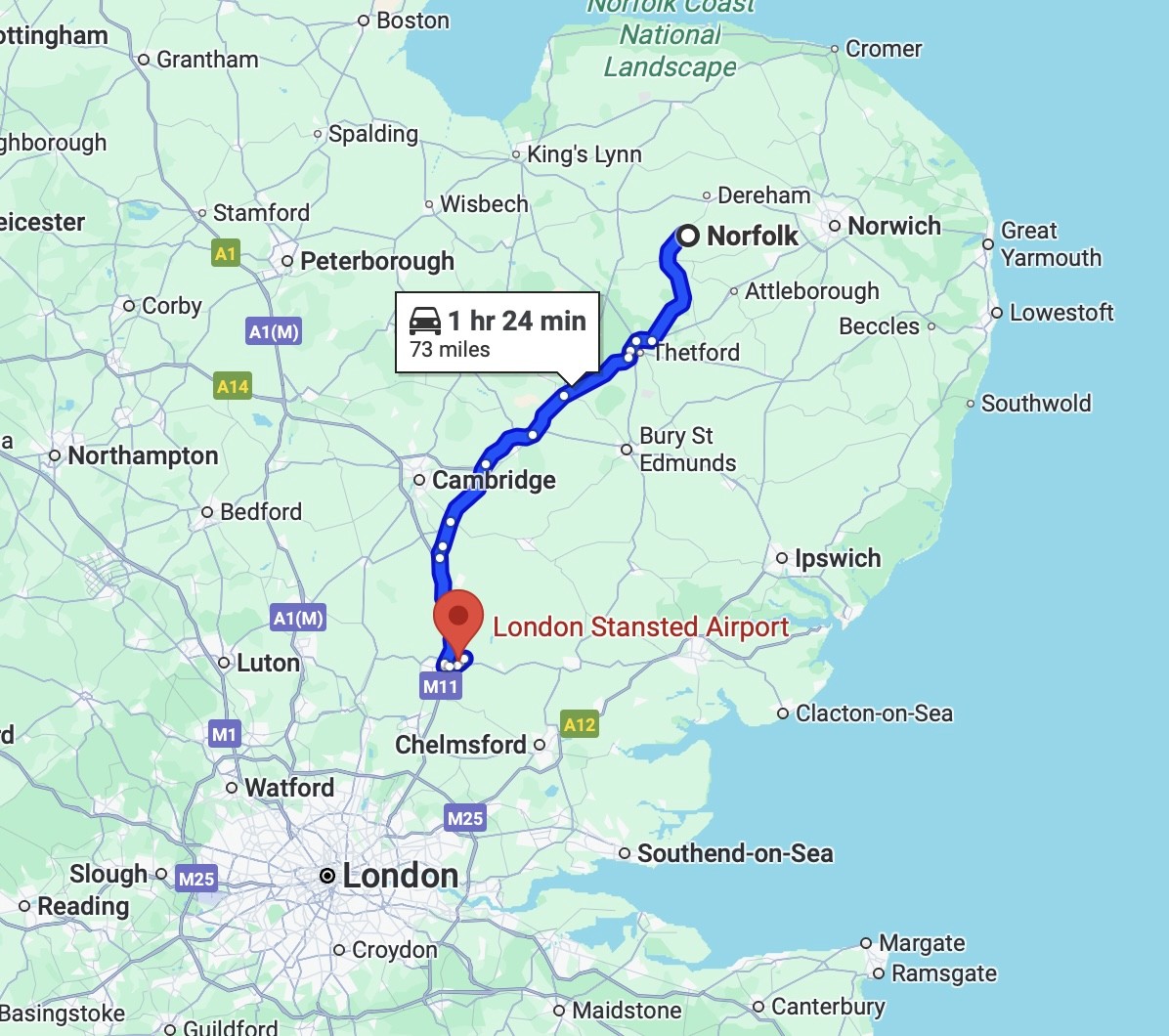 Norfolk to Stanstead transfer route