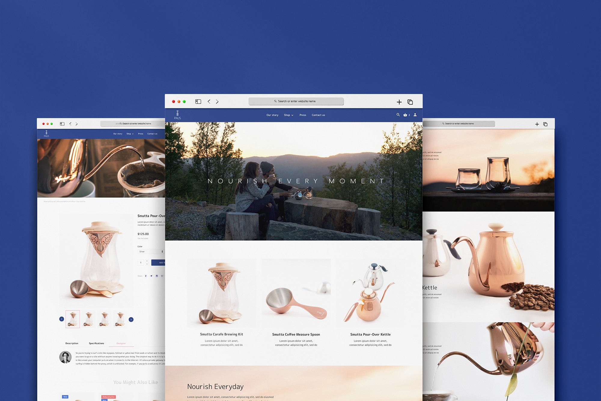 這張圖像展示了PAUS的網站,上面展示了咖啡器具,包括濾壺、量匙和手沖壺,搭配品牌的標語「Nourish Every Moment」。