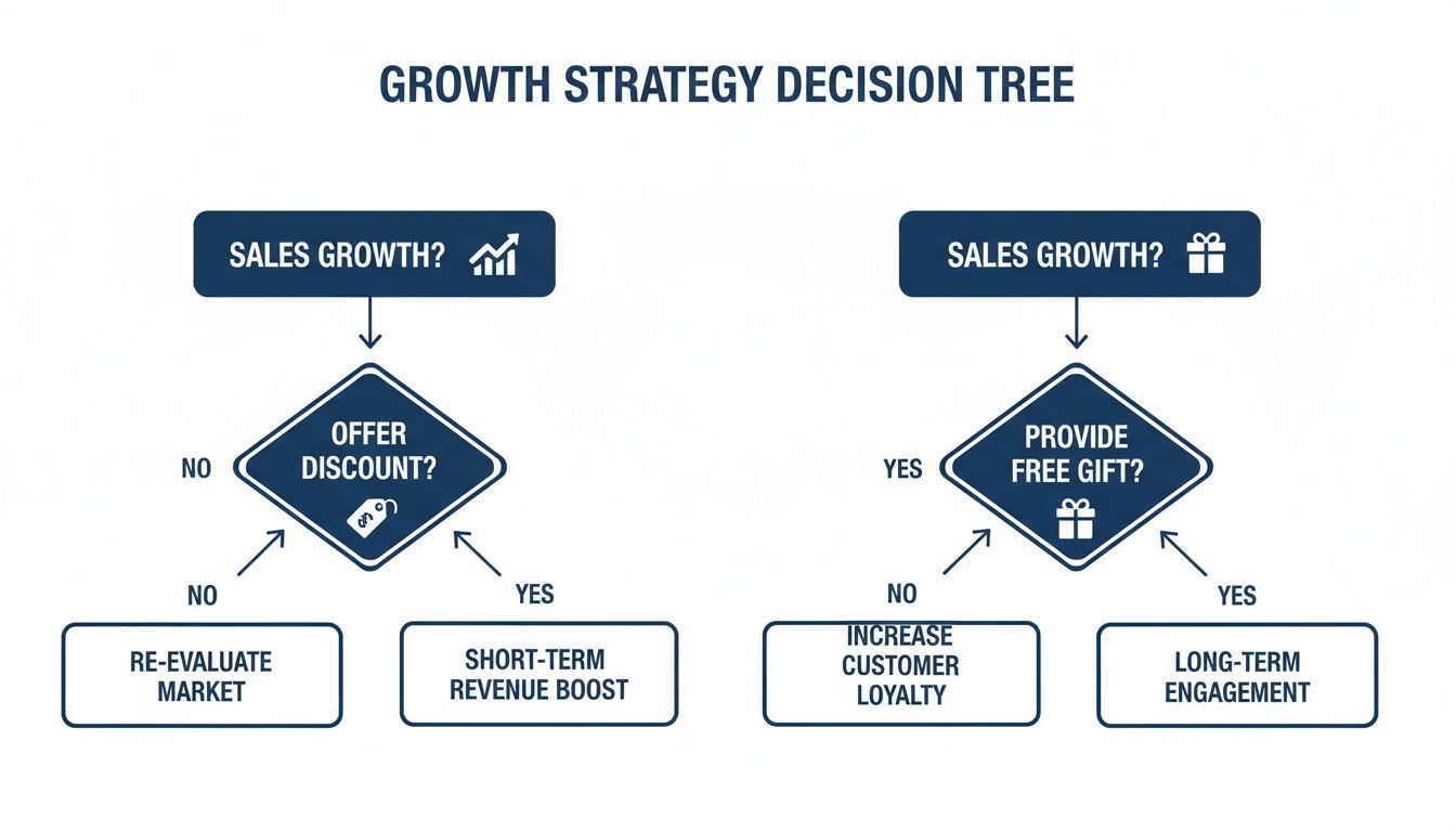 Decision tree for sales growth strategies: offering discounts for revenue or free gifts for customer loyalty.