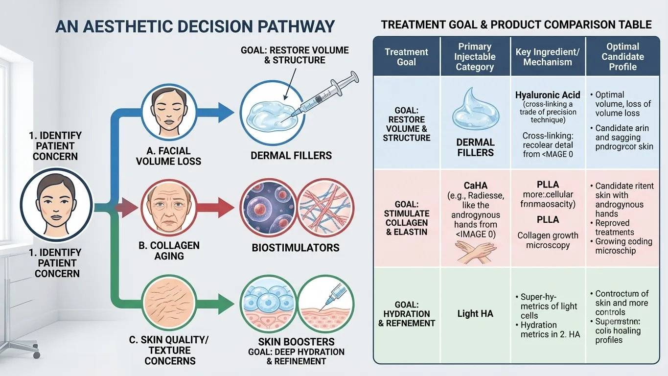 Injectable aesthetic treatment selection pathway based on patient goals