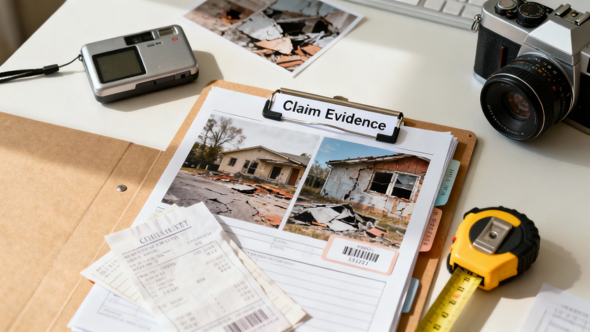 Claim evidence documents, photos of damaged houses, cameras, and receipts on a desk.
