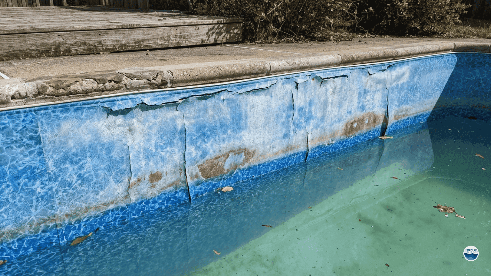 Aging pool liner showing wear damage and need for replacement over time
