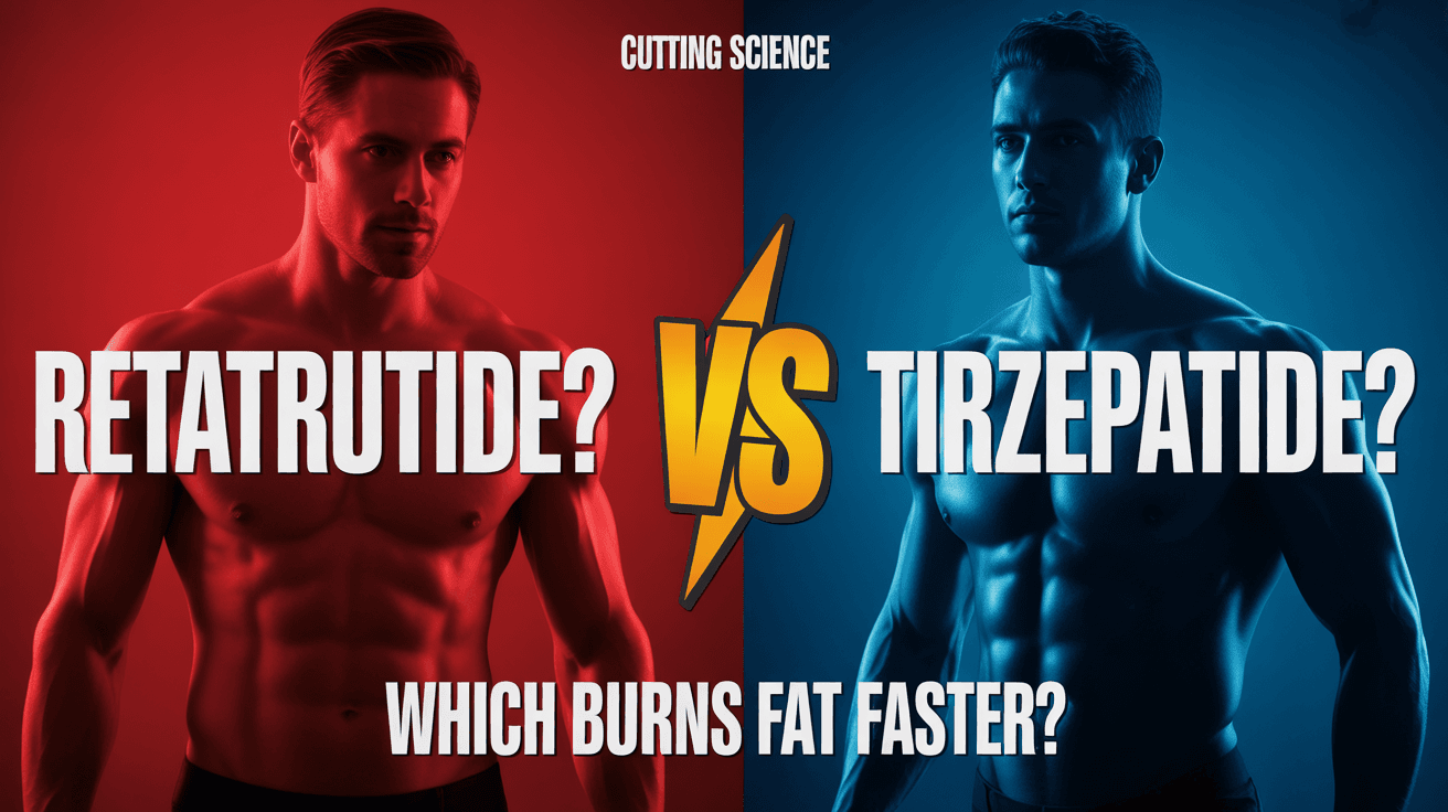 Split red and blue fitness comparison with Retatrutide vs Tirzepatide text and bold VS