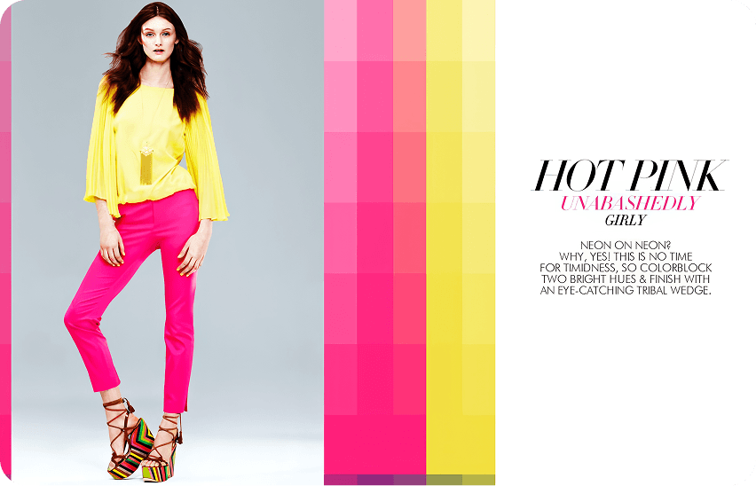 Neiman Marcus fashion editorial featuring model in bright yellow top and hot pink pants with colorful striped background