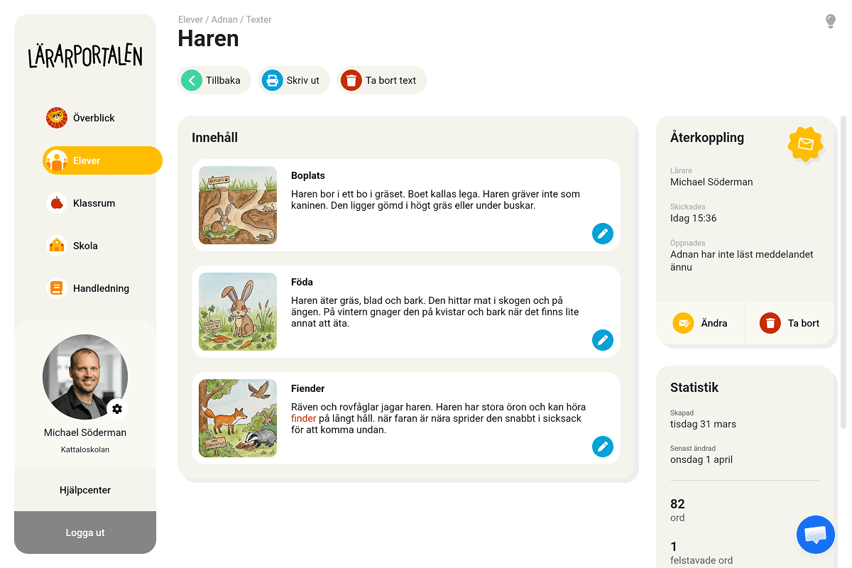 Lärarportalen visar elevens text Haren sektion för sektion, med återkoppling och statistik i högerspalten