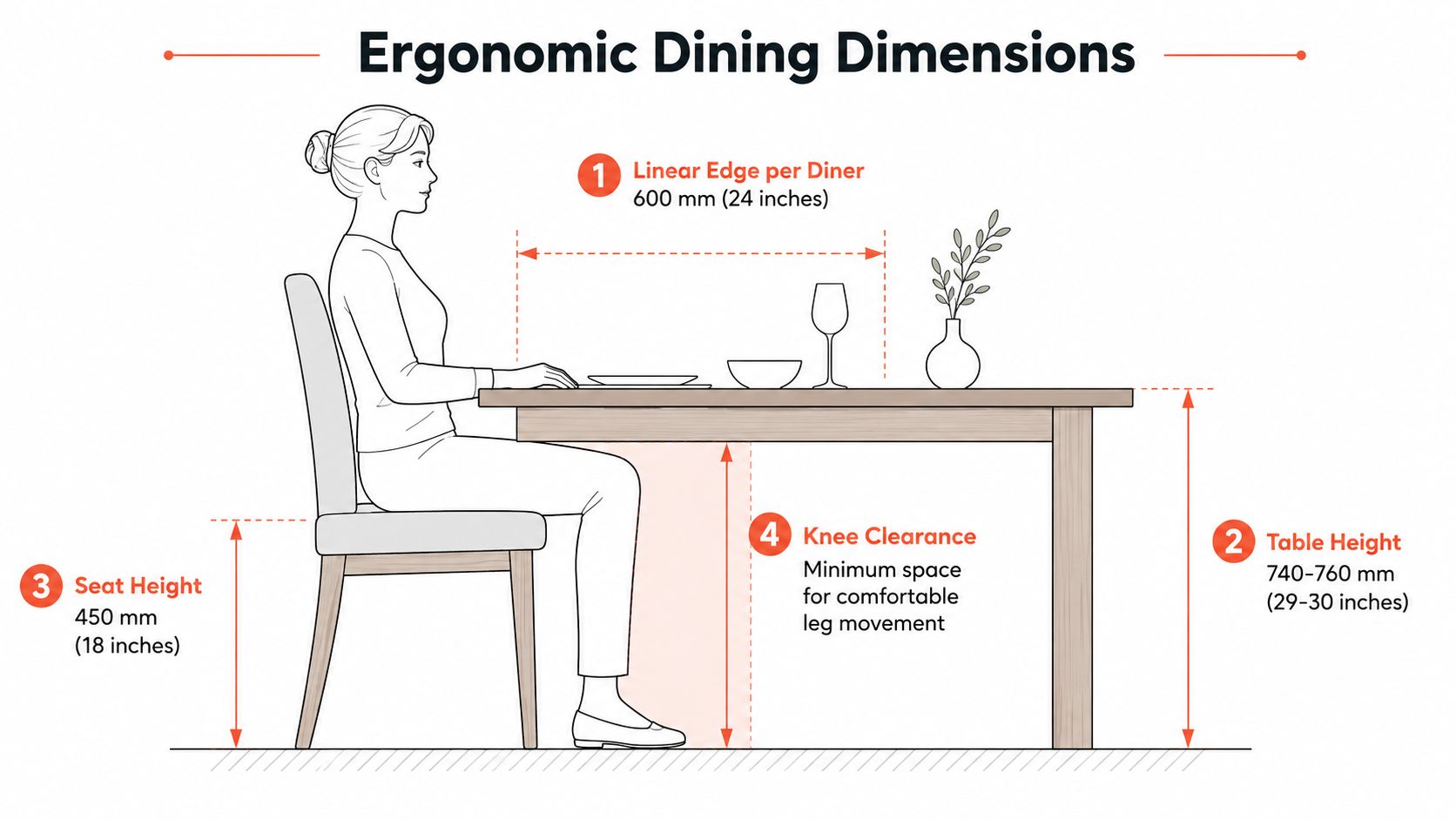 A diagram illustrating the recommended ergonomic dimensions for dining tables, chairs, and required clearance space for comfortable seating.