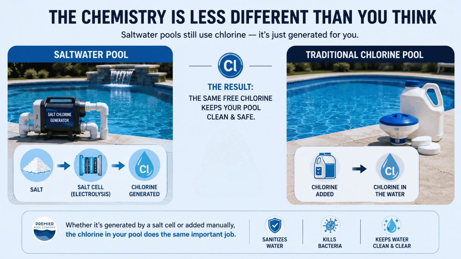 Water chemistry testing for saltwater and chlorine swimming pools
