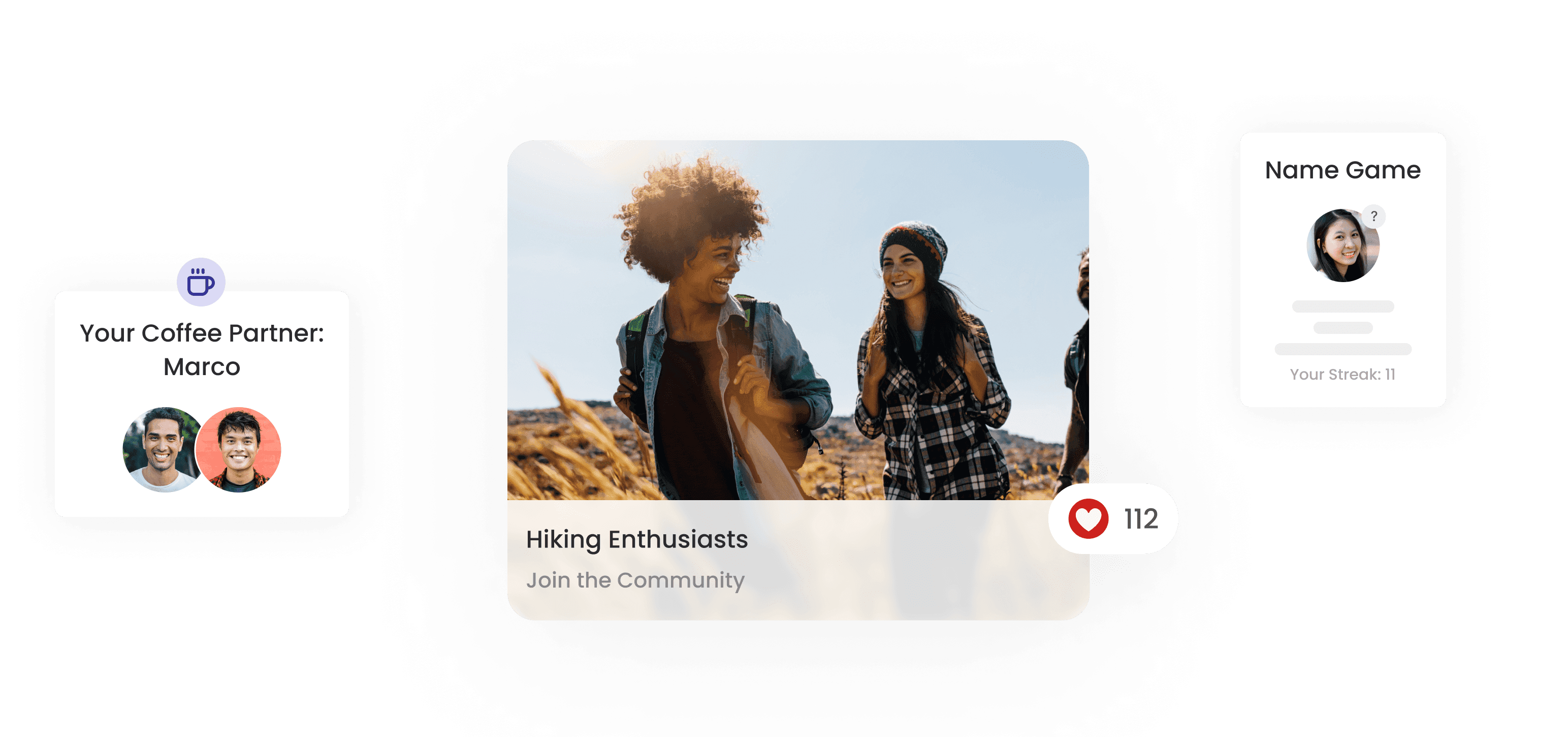 A group of diverse employees smiling and hiking together under the title "Hiking Enthusiasts: Join the Community," alongside widgets for connecting with a coffee partner and participating in a name game, fostering team bonding and recognition.