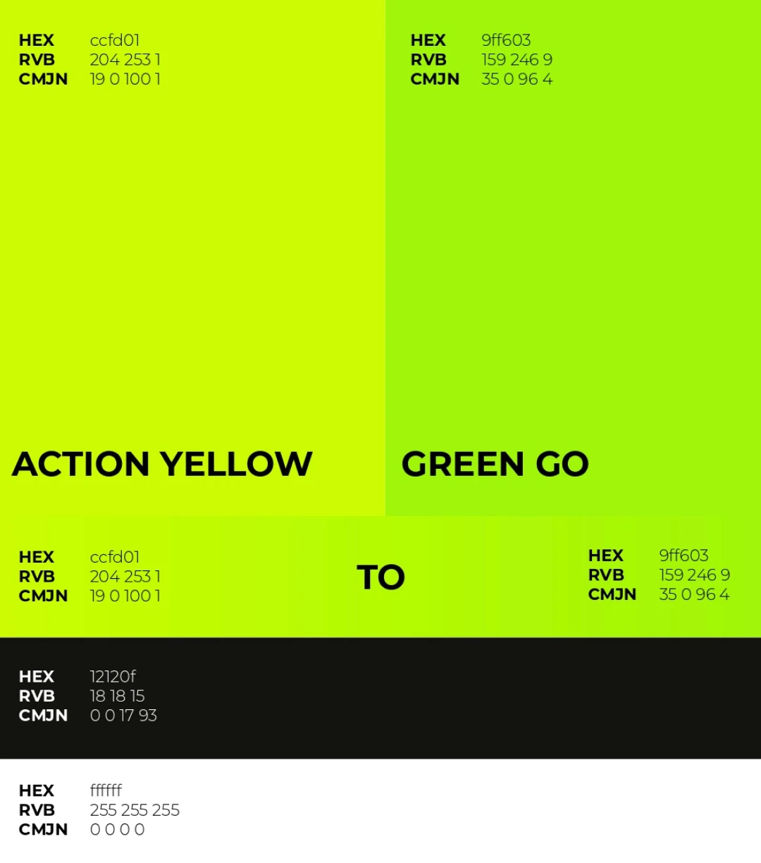 Palette de couleurs acidulées de la charte graphique GRC Coaching : Action Yellow et Green Go — identité visuelle coach sportif par Tartelette Concept
