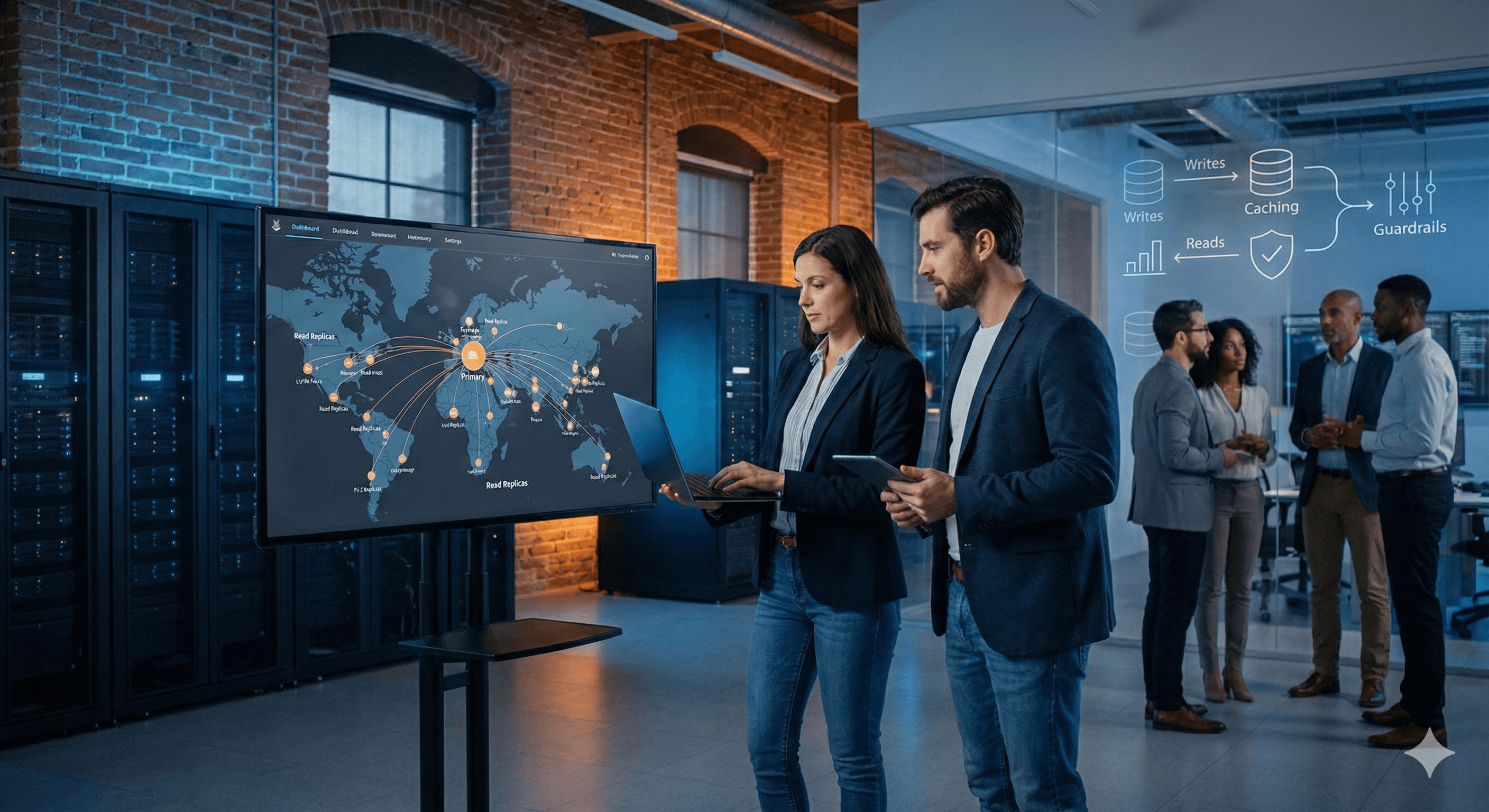 In a modern office featuring exposed brick and servers, two professionals discuss data displayed on a digital world map, with a diagram on a glass wall illustrating concepts of scaling PostgreSQL for ChatGPT, including replicas, cache, and guardrails, while colleagues engage in conversation in the background.