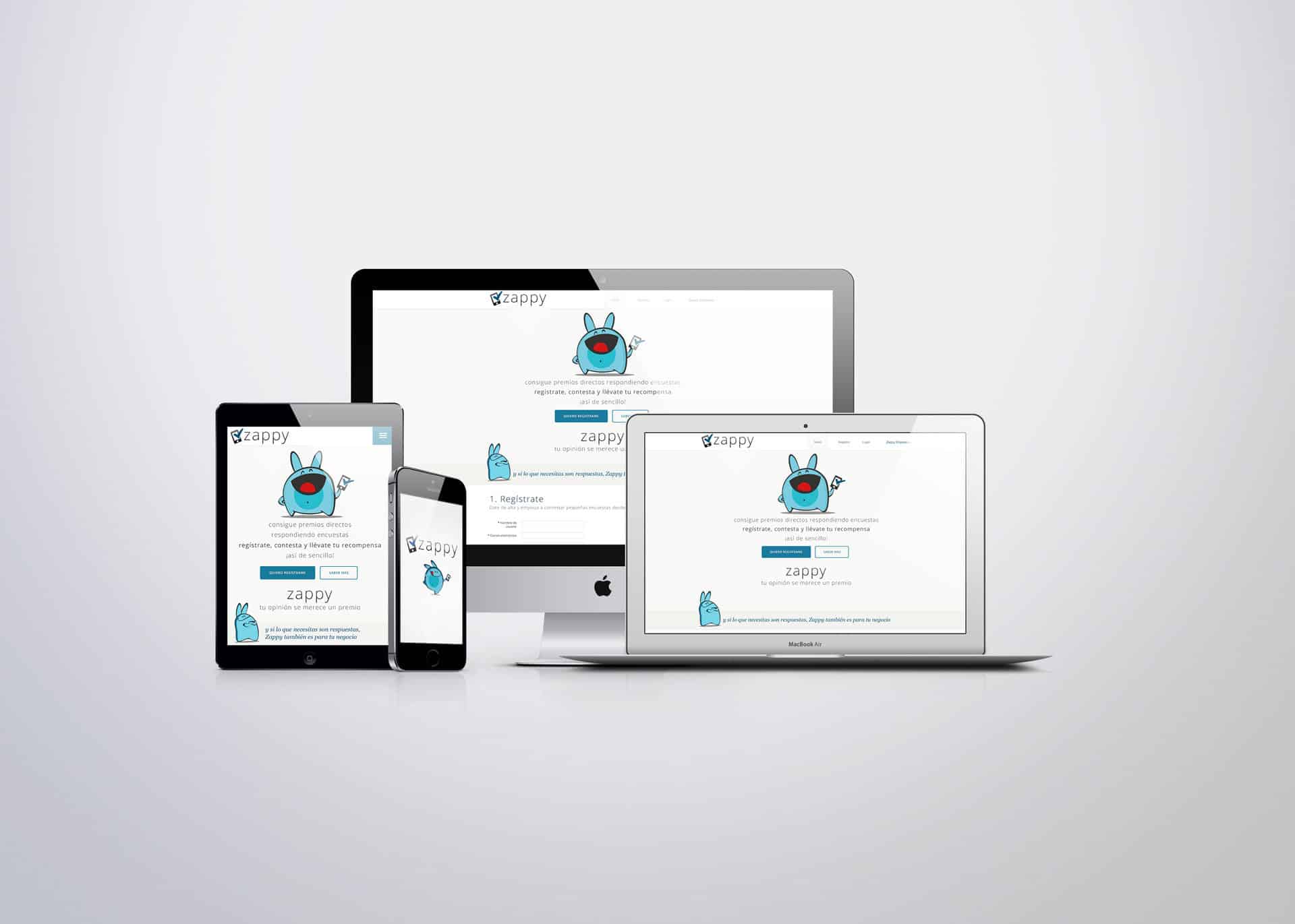 Aplicación web Zappy en diferentes dispositivos: smartphone, tablet, laptop y computadora de escritorio.