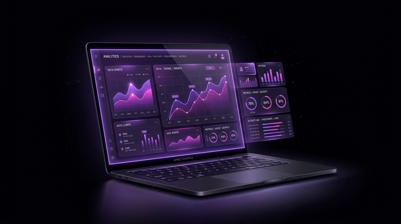 A sleek laptop mockup on a dark background showing a transparent SEO analytics dashboard with vibrant magenta and violet charts, representing Nextus Digital Solutions' commitment to transparency.