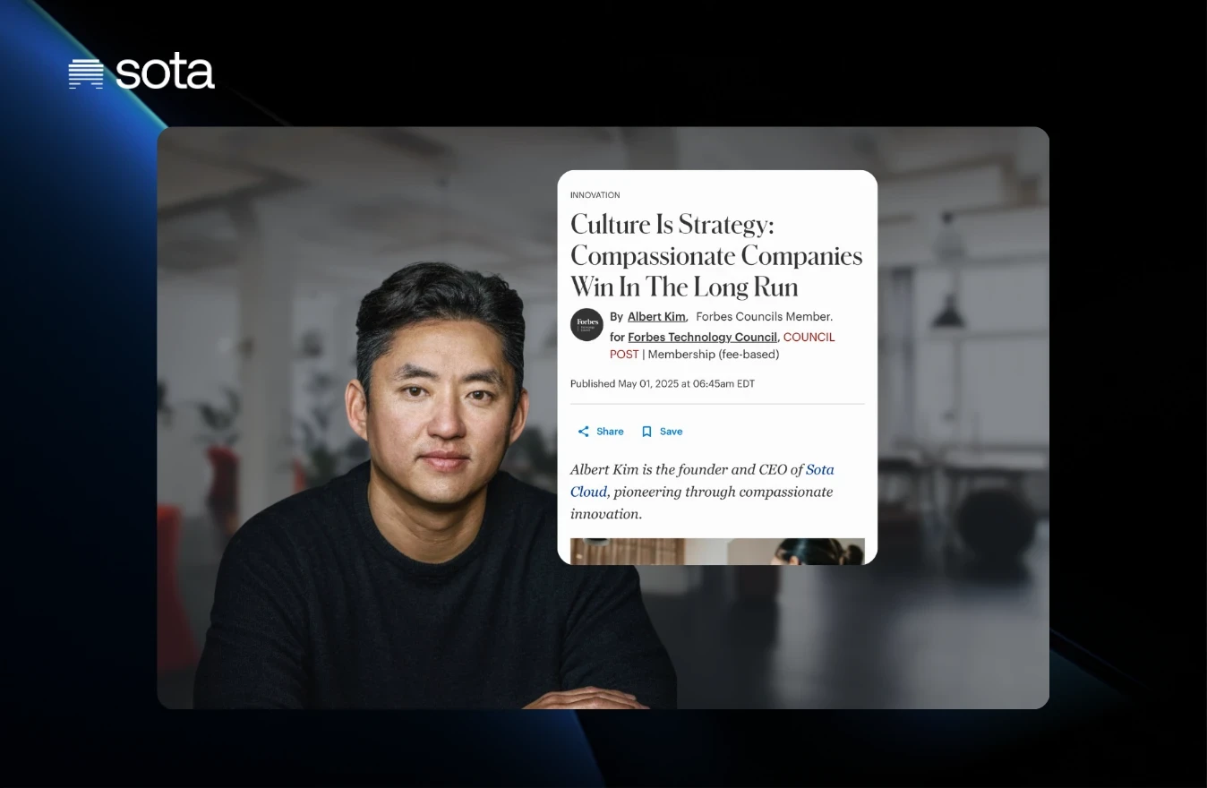 Picture of Albert Kim, founder and CEO of SOTA Cloud, next to the news article
