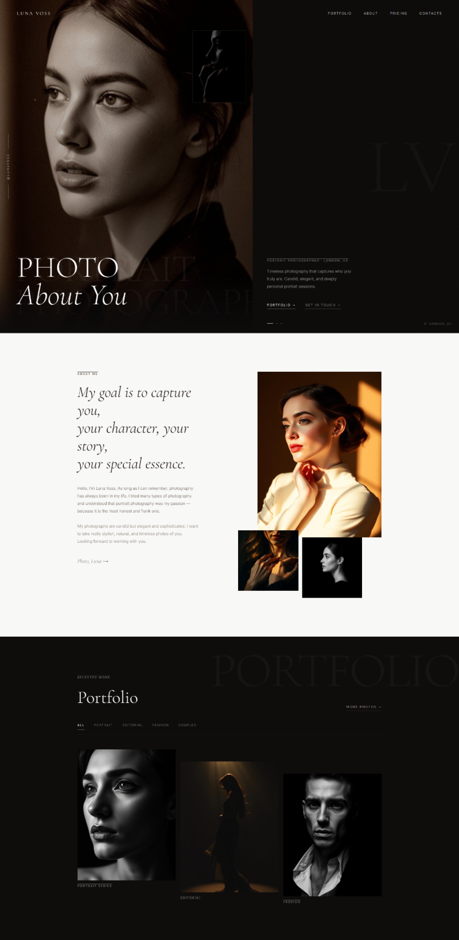 Photographer Website Prompt — dark editorial split hero with overlapping portrait collage, Cormorant Garamond serif headlines, and warm near-black tones