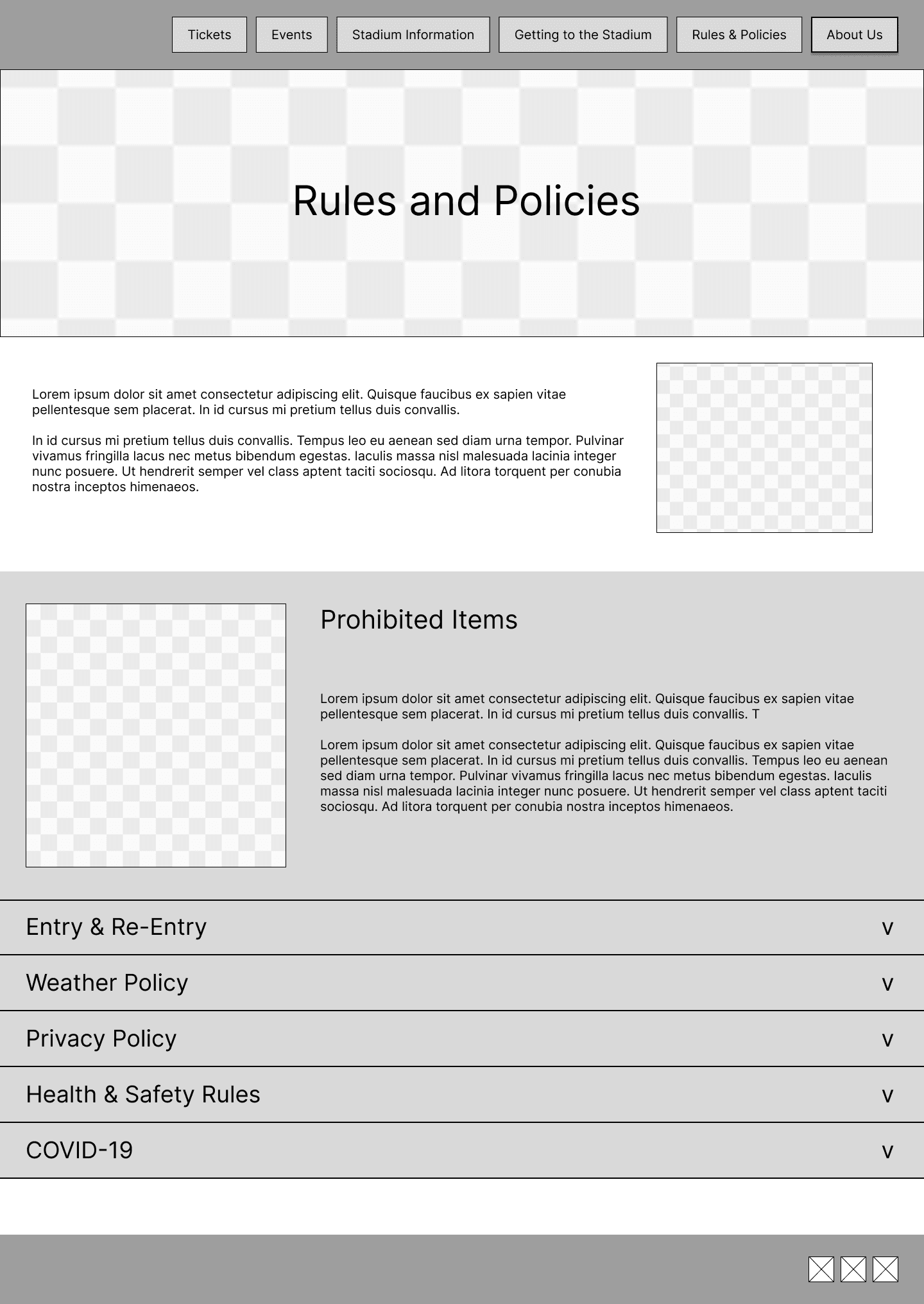 Low-fidelity wireframe of Rules & Policies page with intro text, Prohibited Items section, and accordion dropdowns for various policies